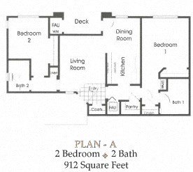 Floor plan for 2 beds, 2 baths, 913 sqft